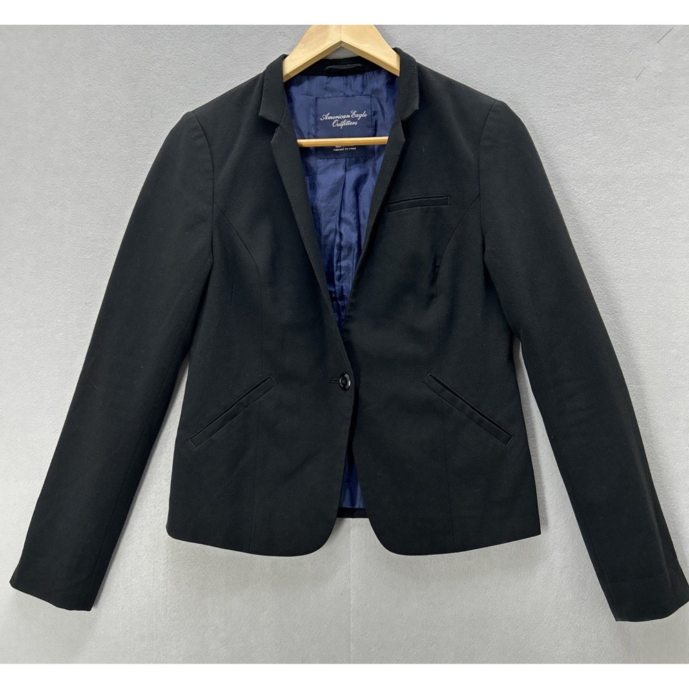 American Eagle Blazer Women X-Small Black One Button Classic Stretch Suit Jacket